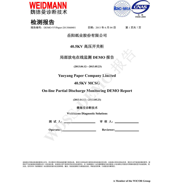 岳阳纸业高压开关柜局部放电在线监测报告
